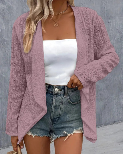 Eyelet Roll - Tab Sleeve Cardigan - Trendsi