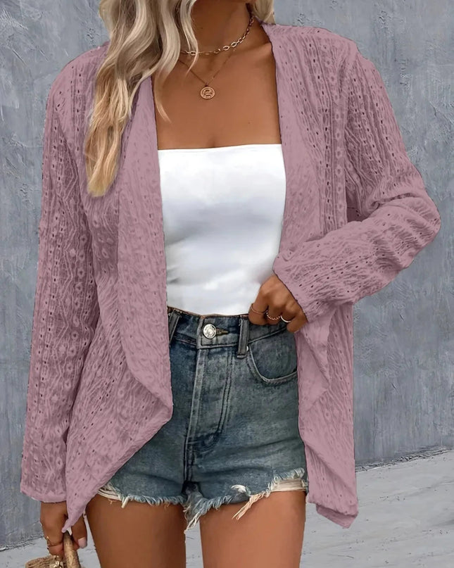 Eyelet Roll - Tab Sleeve Cardigan - Trendsi