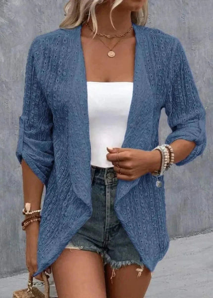 Eyelet Roll - Tab Sleeve Cardigan - Trendsi
