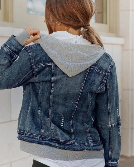 Fake Two - Piece Hooded Zip - Up Denim Jacket - Trendsi