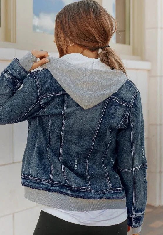 Fake Two - Piece Hooded Zip - Up Denim Jacket - Trendsi