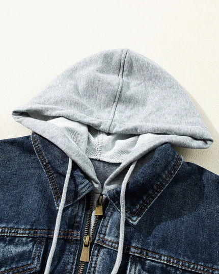 Fake Two - Piece Hooded Zip - Up Denim Jacket - Trendsi