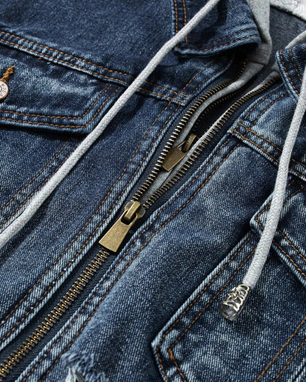 Fake Two - Piece Hooded Zip - Up Denim Jacket - Trendsi