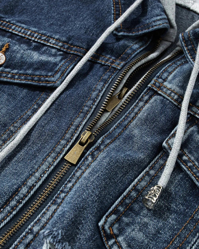 Fake Two - Piece Hooded Zip - Up Denim Jacket - Trendsi