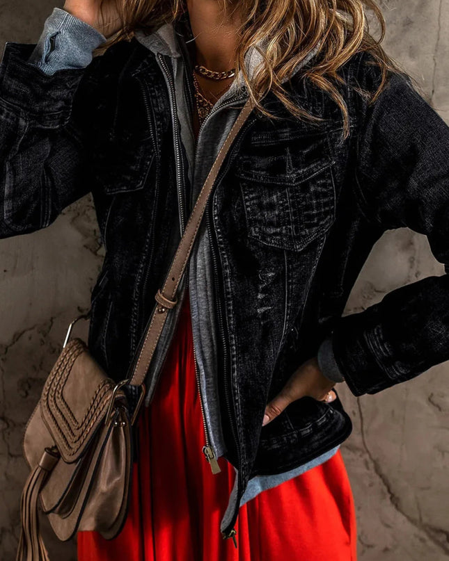 Fake Two - Piece Hooded Zip - Up Denim Jacket - Trendsi