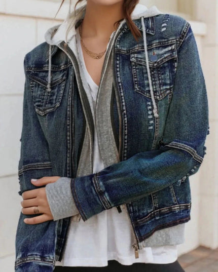 Fake Two - Piece Hooded Zip - Up Denim Jacket - Trendsi