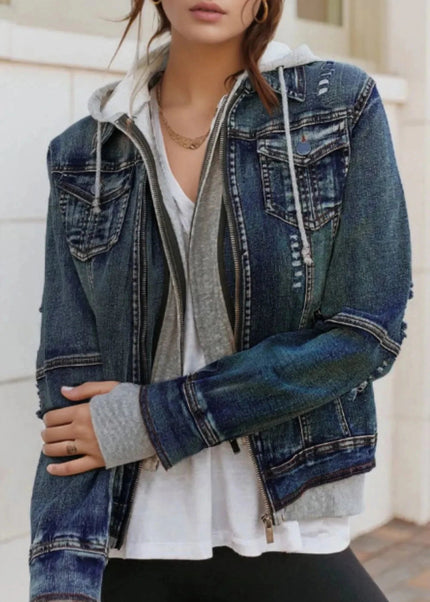 Fake Two - Piece Hooded Zip - Up Denim Jacket - Trendsi