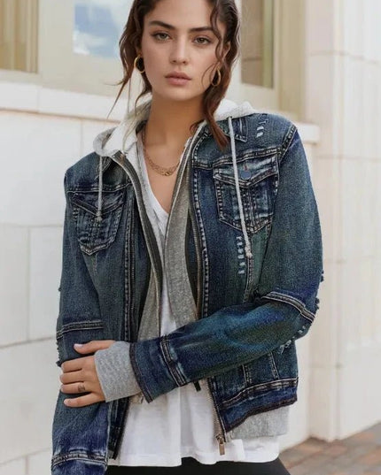 Fake Two - Piece Hooded Zip - Up Denim Jacket - Trendsi