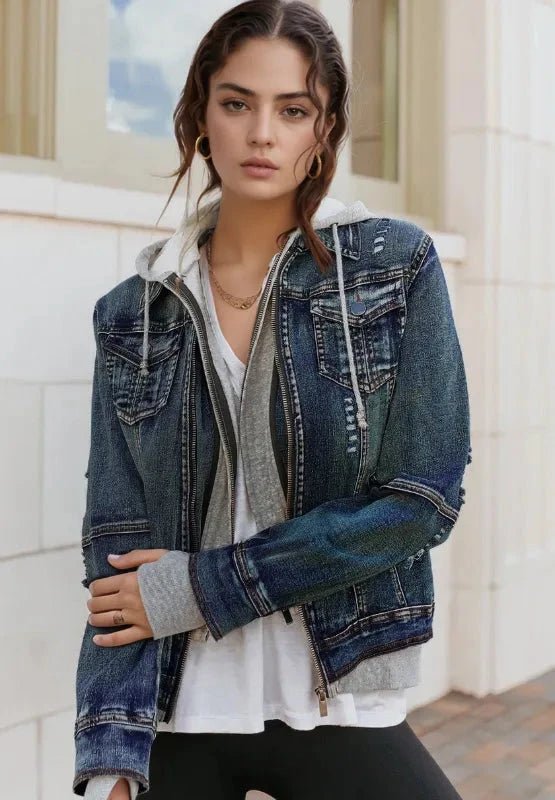 Fake Two - Piece Hooded Zip - Up Denim Jacket - Trendsi