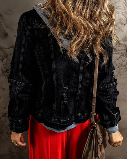 Fake Two - Piece Hooded Zip - Up Denim Jacket - Trendsi