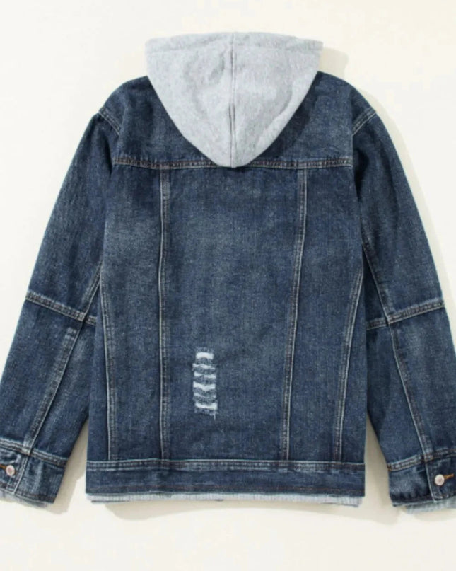 Fake Two - Piece Hooded Zip - Up Denim Jacket - Trendsi