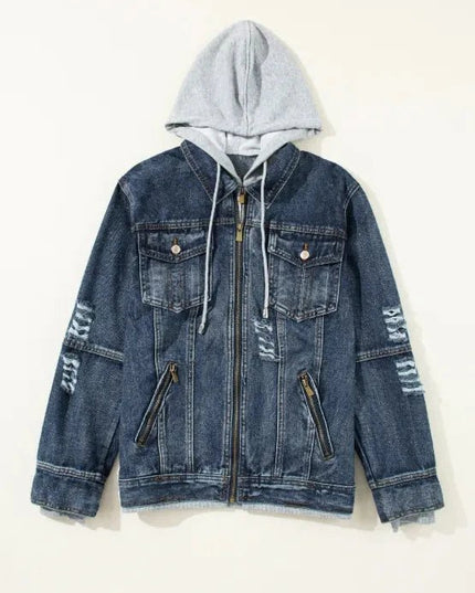 Fake Two - Piece Hooded Zip - Up Denim Jacket - Trendsi