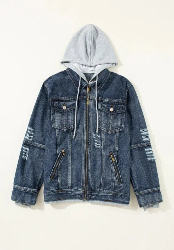 Fake Two - Piece Hooded Zip - Up Denim Jacket - Trendsi