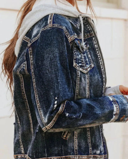 Fake Two - Piece Hooded Zip - Up Denim Jacket - Trendsi