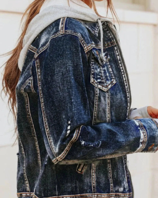 Fake Two - Piece Hooded Zip - Up Denim Jacket - Trendsi