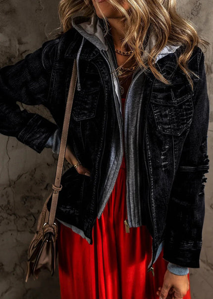 Fake Two - Piece Hooded Zip - Up Denim Jacket - Trendsi