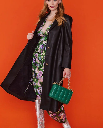 Fashionable Black Eco Leather Trench Style Coat - Faux Leather Coats - Buy Me Fur Ltd