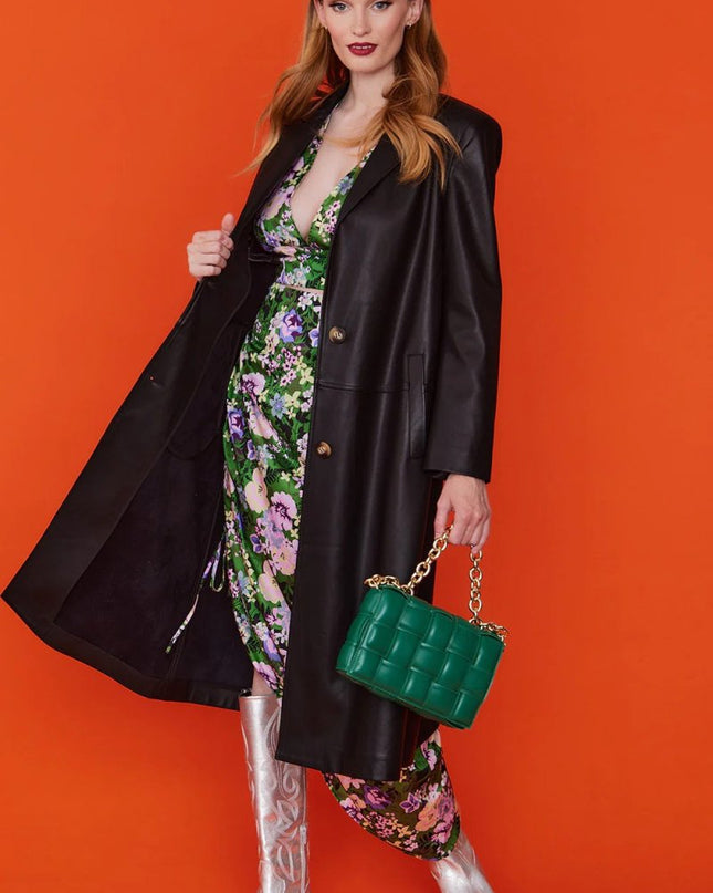 Fashionable Black Eco Leather Trench Style Coat - Faux Leather Coats - Buy Me Fur Ltd