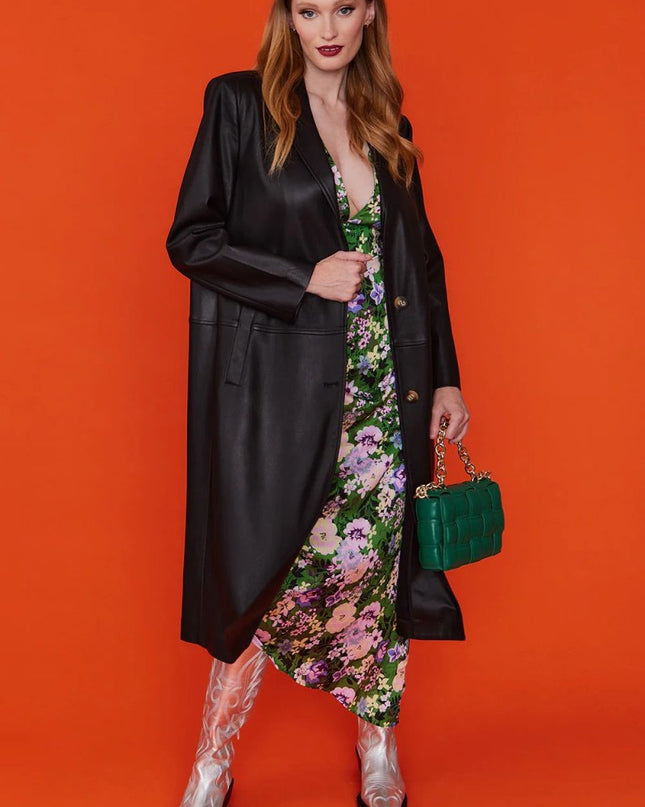 Fashionable Black Eco Leather Trench Style Coat - Faux Leather Coats - Buy Me Fur Ltd