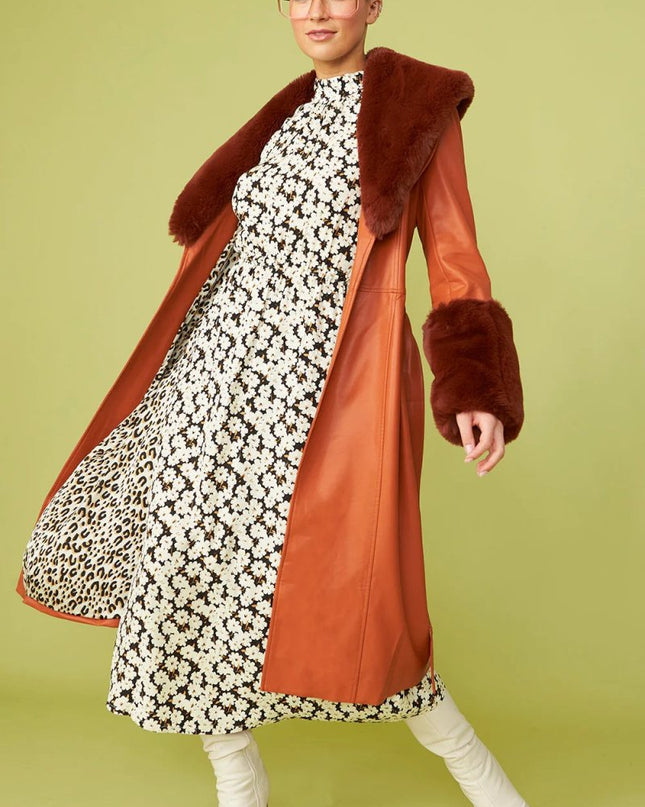 Faux Leather Chocolate Trench Coat with Faux Fur Collar - Faux Leather Coats - Buy Me Fur Ltd