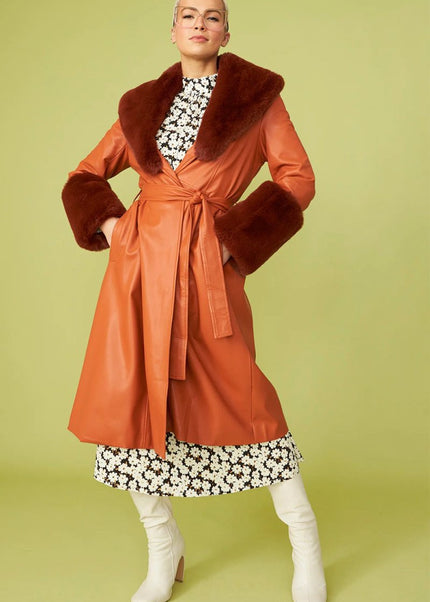 Faux Leather Chocolate Trench Coat with Faux Fur Collar - Faux Leather Coats - Buy Me Fur Ltd