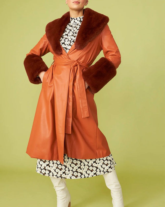 Faux Leather Chocolate Trench Coat with Faux Fur Collar - Faux Leather Coats - Buy Me Fur Ltd