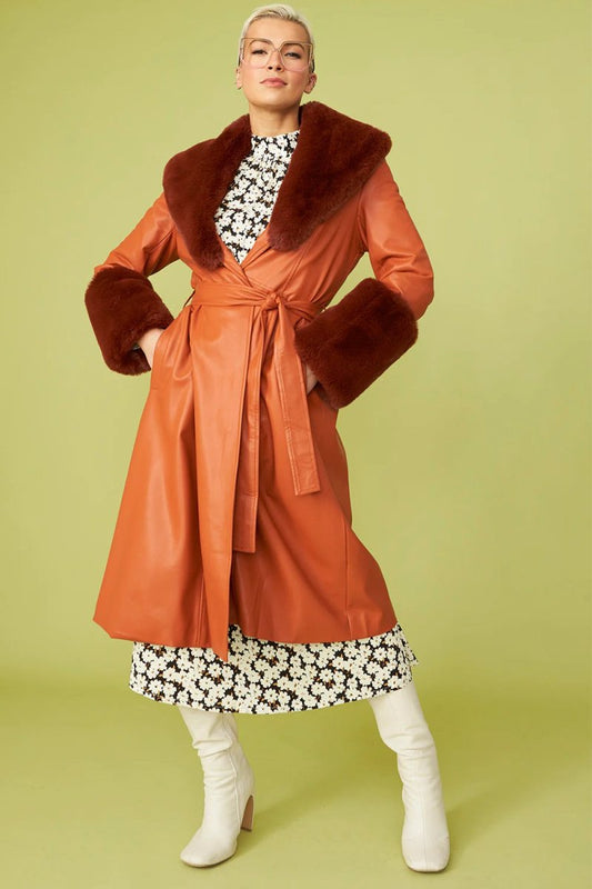 Faux Leather Chocolate Trench Coat with Faux Fur Collar - Faux Leather Coats - Buy Me Fur Ltd