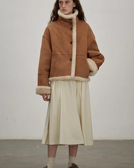 Fireladyfur Reversible Motorcycle Jacket – Wool & Suede Shearling “Makino Traveler” - Shearling Coat - Firelady Fur