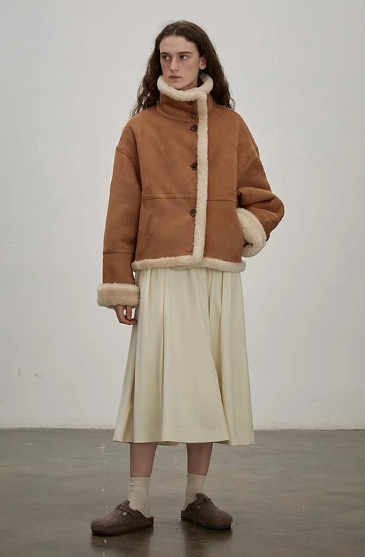 Fireladyfur Reversible Motorcycle Jacket – Wool & Suede Shearling “Makino Traveler” - Shearling Coat - Firelady Fur