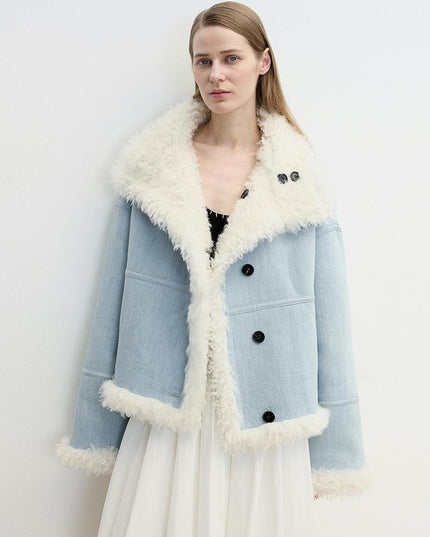 Fireladyfur Reversible Motorcycle Jacket – Wool & Suede Shearling “Makino Traveler” - Shearling Coat - Firelady Fur