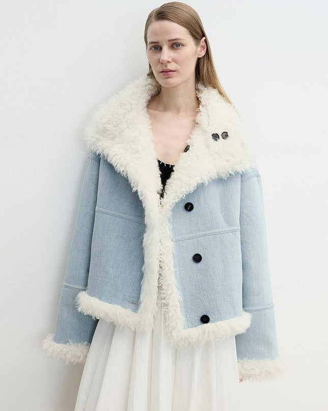 Fireladyfur Reversible Motorcycle Jacket – Wool & Suede Shearling “Makino Traveler” - Shearling Coat - Firelady Fur