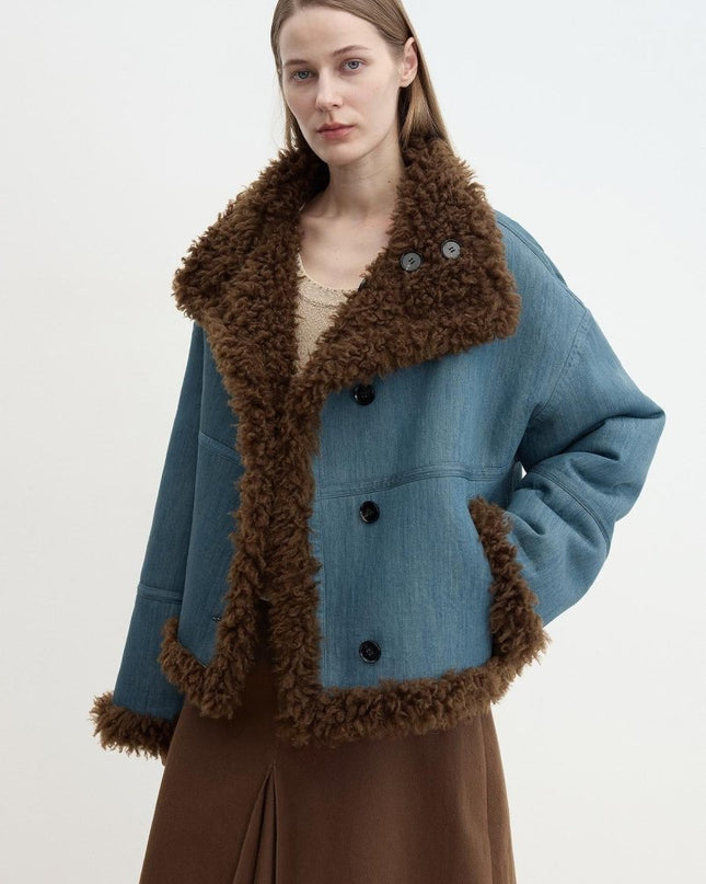 Fireladyfur Reversible Motorcycle Jacket – Wool & Suede Shearling “Makino Traveler” - Shearling Coat - Firelady Fur