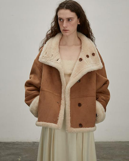 Fireladyfur Reversible Motorcycle Jacket – Wool & Suede Shearling “Makino Traveler” - Shearling Coat - Firelady Fur