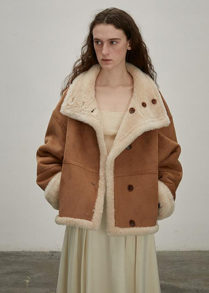 Fireladyfur Reversible Motorcycle Jacket – Wool & Suede Shearling “Makino Traveler” - Shearling Coat - Firelady Fur