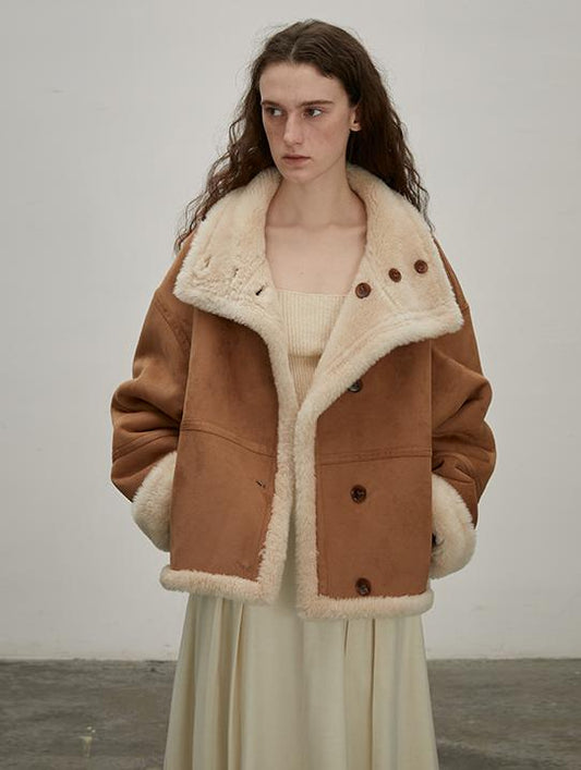 Fireladyfur Reversible Motorcycle Jacket – Wool & Suede Shearling “Makino Traveler” - Shearling Coat - Firelady Fur