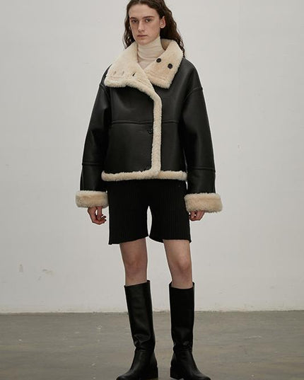 Fireladyfur Reversible Motorcycle Jacket – Wool & Suede Shearling “Makino Traveler” - Shearling Coat - Firelady Fur