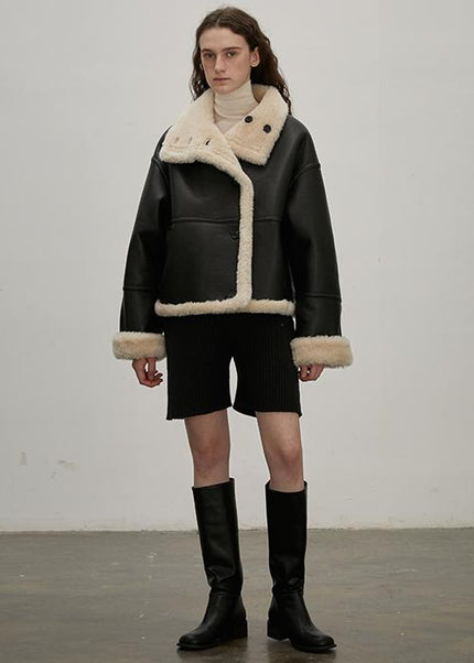 Fireladyfur Reversible Motorcycle Jacket – Wool & Suede Shearling “Makino Traveler” - Shearling Coat - Firelady Fur