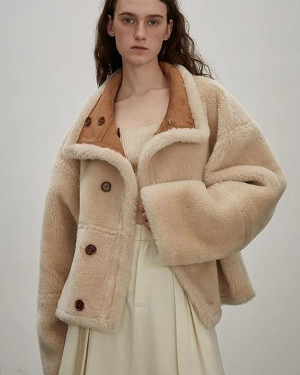 Fireladyfur Reversible Motorcycle Jacket – Wool & Suede Shearling “Makino Traveler” - Shearling Coat - Firelady Fur