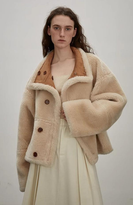 Fireladyfur Reversible Motorcycle Jacket – Wool & Suede Shearling “Makino Traveler” - Shearling Coat - Firelady Fur