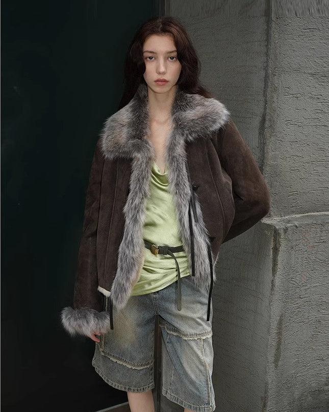 Fireladyfur Women's Layered Fox Fur Collar Winter Jacket“Florence” - fox fur - Firelady Fur