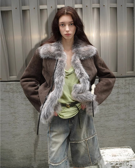 Fireladyfur Women's Layered Fox Fur Collar Winter Jacket“Florence” - fox fur - Firelady Fur