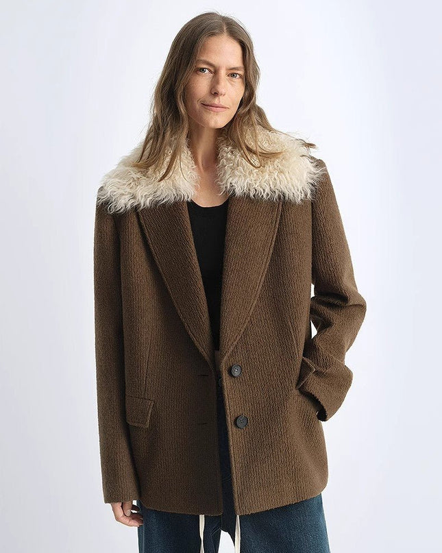 Fireladyfur Wool Tweed Coat with Detachable Fur Collar – Vertical Texture - Parka - Firelady Fur