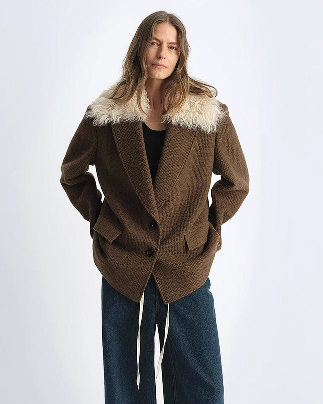 Fireladyfur Wool Tweed Coat with Detachable Fur Collar – Vertical Texture - Parka - Firelady Fur