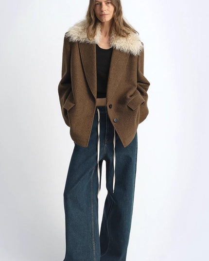 Fireladyfur Wool Tweed Coat with Detachable Fur Collar