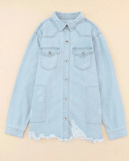 Flap Pocket Raw Hem Denim Jacket - Trendsi