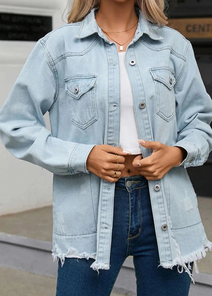 Flap Pocket Raw Hem Denim Jacket - Trendsi