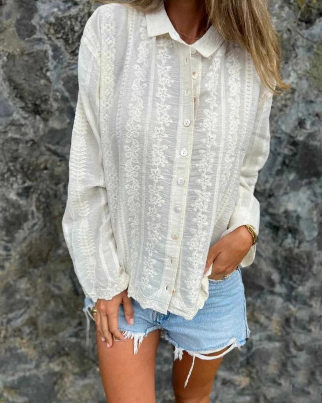 Floral Embroidered Button Down Shirt - Trendsi