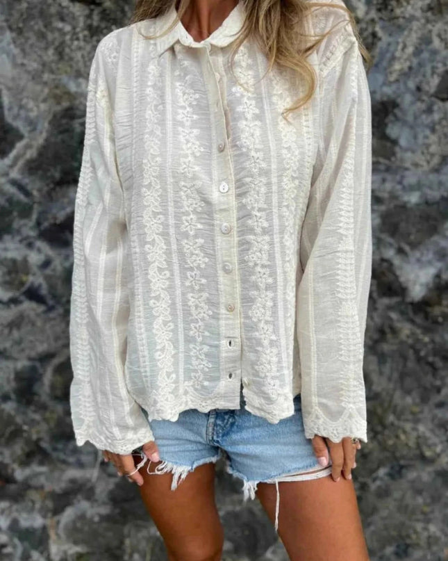 Floral Embroidered Button Down Shirt - Trendsi
