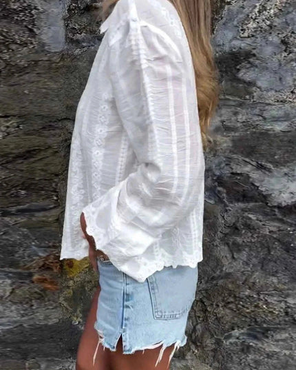 Floral Embroidered Button Down Shirt - Trendsi