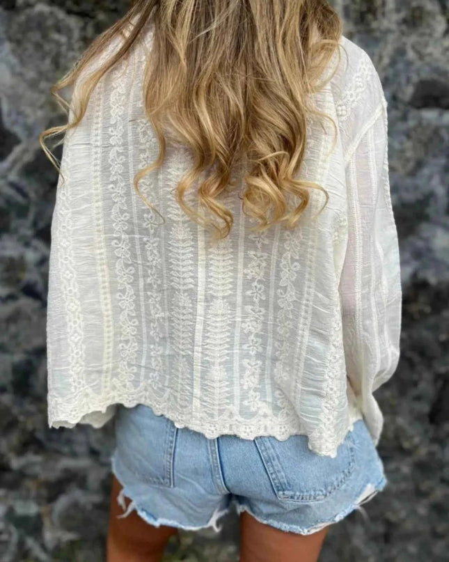 Floral Embroidered Button Down Shirt - Trendsi